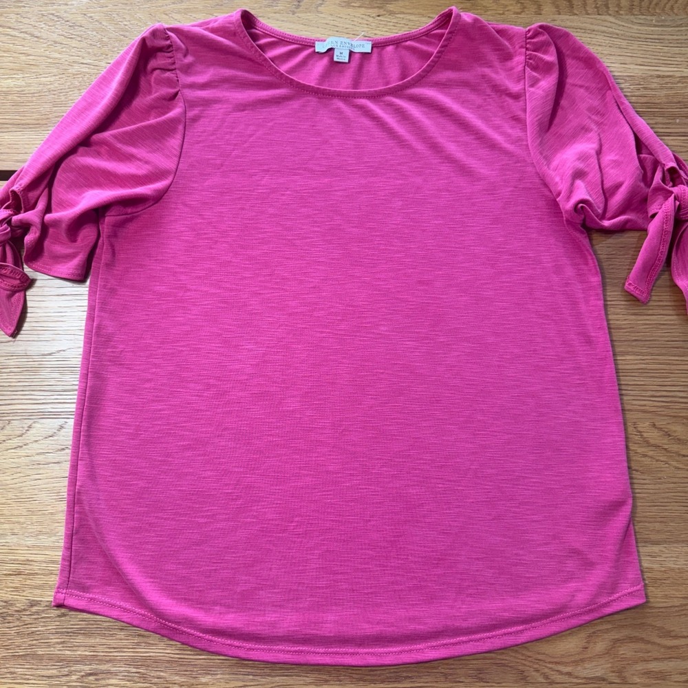 Green Envelope Magenta Pink Slub Knit Puff Sleeve Tie Cuff Top Womens Medium